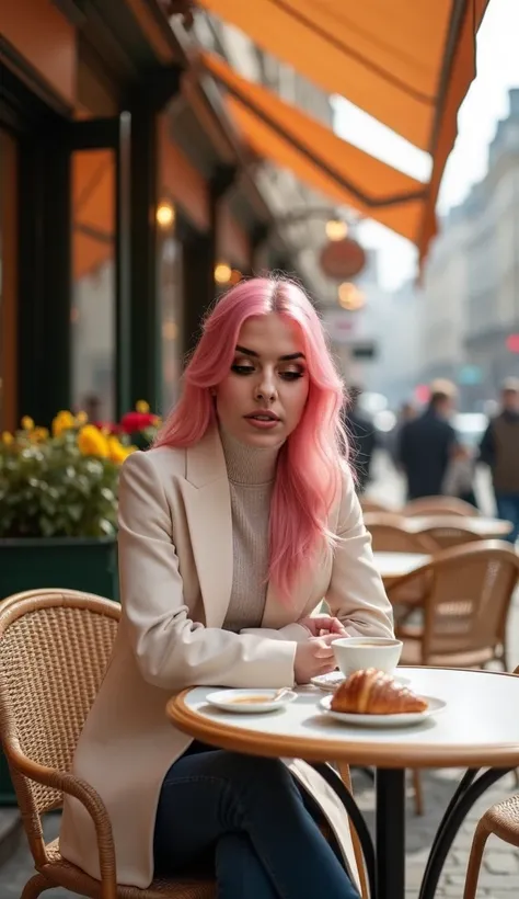 "Create an image of Olivia, a young digital influencer with pink hair, sitting at a charming Parisian bistro. She is seated at an outdoor table surrounded by typical wicker chairs, with a cup of coffee and a croissant on the table. Olivia is dressed elegan...