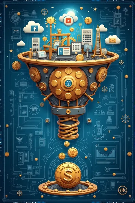 sales funnel graphic you requested, with the top featuring traffic icons and the base flowing towards symbols of profit. It combines a blueprint-like structure with steampunk aesthetics, accented in blue, gray, and gold for a dynamic and sophisticated look