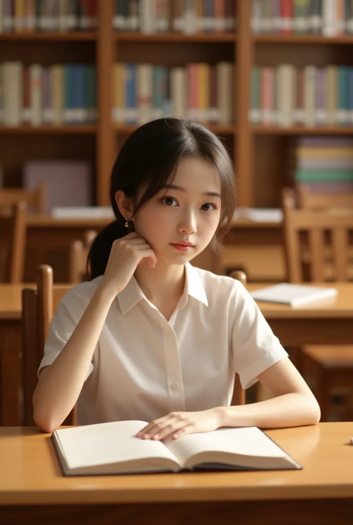 a warm-toned, well-lit classroom scene: a 19-year-old female student sitting at her study desk, open book on desk, surrounded by...