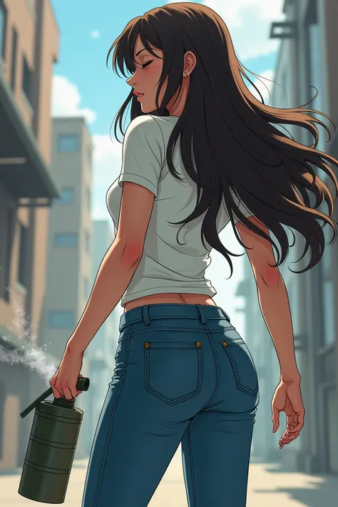 An anime woman seen from behind wearing a white t-shirt and tight jeans throwing a gas and closing
 The eyes