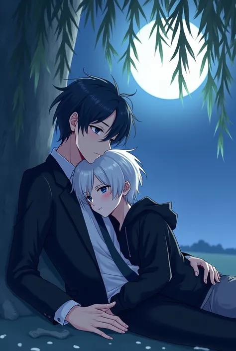 A boy with pure black hair ,  deep blue eyes and pale skin lying under a willow tree at night and a boy with snow-white hair ,  greyish-blue eyes and pale skin with his head on the lap of the black-haired boy ,  both illuminated by the light of the full mo...