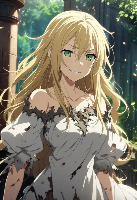 1girl, blonde hair, long hair, green eyes, tattered princess dress, arrogant smile, CG