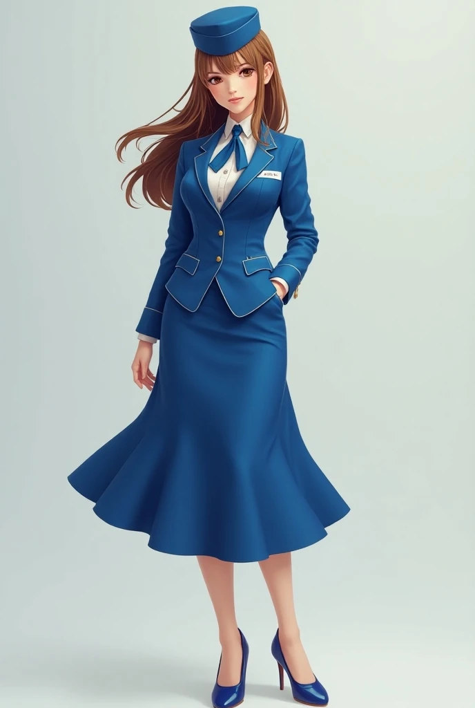 Zelda , regardant le spectateur, yeux noisette,  extremely detailed , medium breasts, brown hair, flight attendant, uniform, blue blazer , cravate bleue, blue skirt,  midi skirt , crayon jupe,  blue heel shoes, happy,  best quality,  high quality,  extreme...