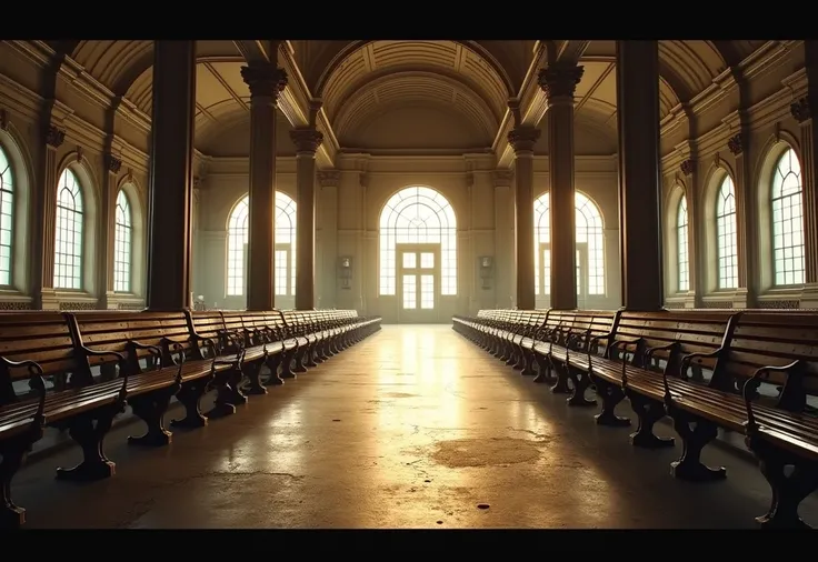 Scenario from inside an old train station from the 1930s, without people, sideways