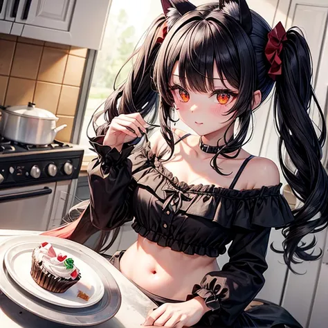   black haired　cat ears　　 black ruffle off shoulder red eye　  twin tails　belly button　Making cupcakes 　There is an oven　apron