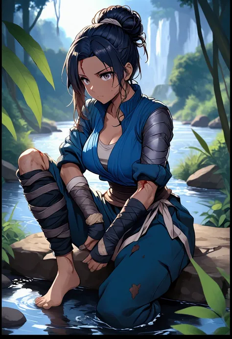 Brown anime woman. She’s toned and slim. Her hair colour is brown and it’s a messy bun. She wears blue and black combat jumper outfit with bandages wrapped around her chest and arms. Her feet is in the water of a flowing river as she sits on the bank looki...