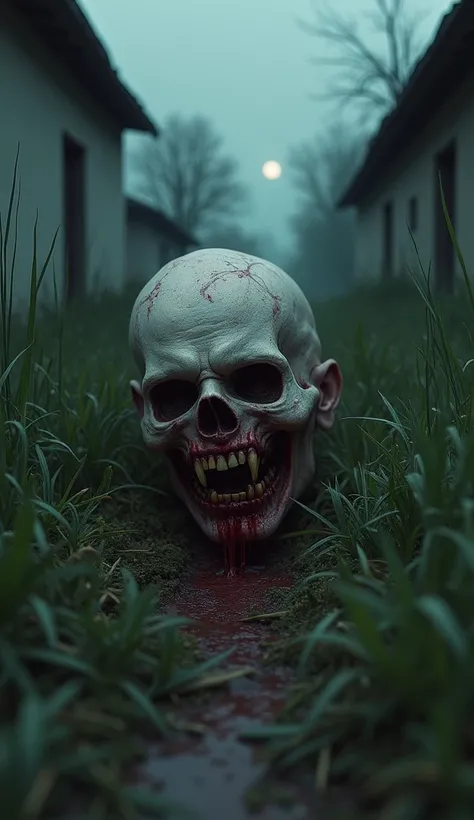 a head cut off at the chin without a body, a hideous face with blood and terrible fangs, a bald head similar to a soccer ball but with a hideous face, lying in the grass of a quiet rural alley in a dark night and filled with the dark scent of death