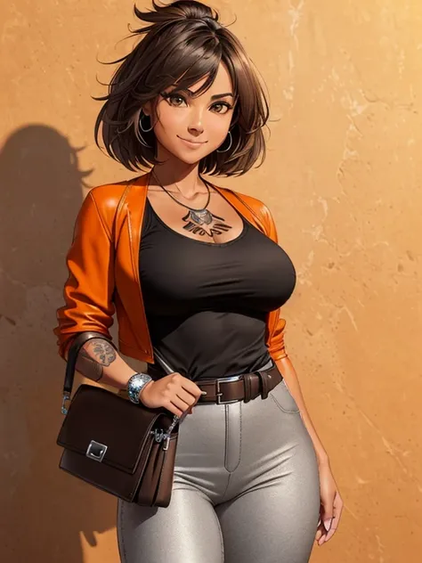 (masterpiece:1.2), best quality, high resolution, unity 8k wallpaper, (illustration:0.8), 1girl, solo, a woman with a mix of Latina and Navajo features, a woman in her mid-twenties, yellow eyes, tan-bronze skin, short black hair, skin covered in tattoos, m...