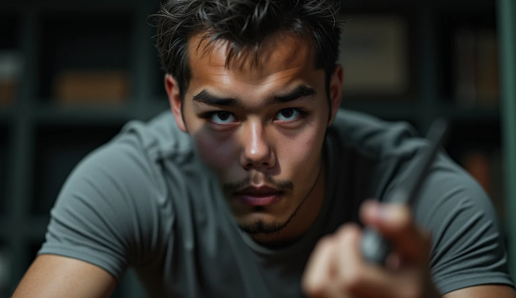  Realistic hd picture of a man in a grey shirt, his head lowered, his eyes glared towards the floor ,  His hands seemed to be holding his vital tools , pose angry yang menakutkan,  the man screams  dan sedih,  the man screams , laki-laki yang angry, angry ...