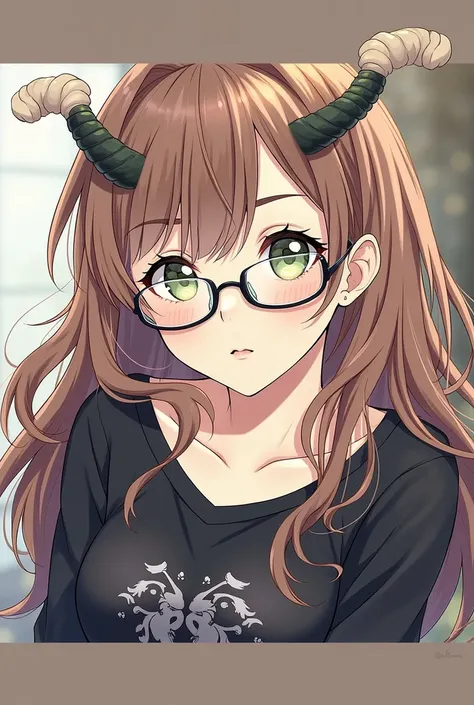 1girl,solo,brown hair,green eyes,glasses,horns