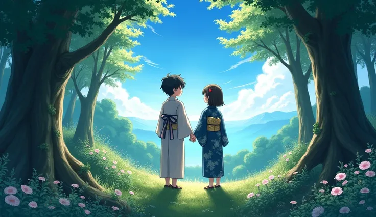 (( best quality)), ((masterpiece)), (  Details),  two people, a  and a girl 、Girl  、 boy  、The two are holding hands、kimono、In the forest、 there is a space that spreads out like a window through the trees、 looking at the expansive scenery 、Beautiful sky、Be...