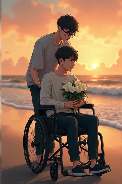 two young mens in beach in evening one in wheelchair with white roses. other one standing behind him wears spectacles