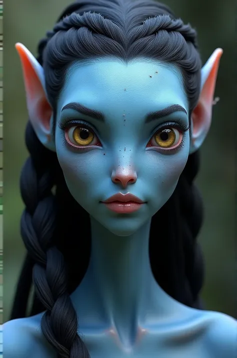  I want you to create a realistic female avatar
She must have blue skin and drawn just like the Navins in the movies. 
 You must have a small and delicate face , medium nose,  a small chin and a slightly pulled face , big eyes and hazel ,  full lips with a...