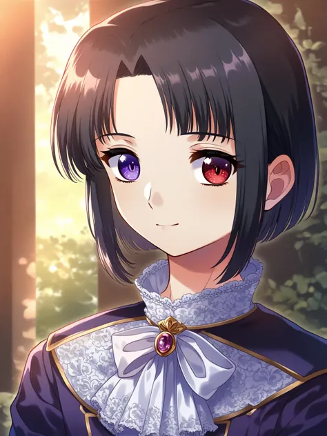 anime 2.5d style, Elegant  young boy, short neck, beautiful nose, broad shoulders, (heterochromatic eyes: 1 red eye and 1 purple eye), black hair, bob hair, Victorian era royal clothes, petite face, soft light, high detailed, 4k resolution, high quality, b...