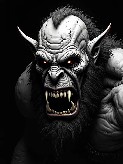 Detailed black and white vector art of a Uruk-hai with scarred face and jagged teeth, close-up, highly detailed, high-contrast, white on a black background, hyper-realistic in the style of a photorealistic illustration 