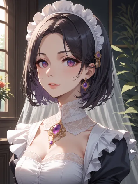 
anime 2.5d style, Elegant young boy, short neck, beautiful nose, broad shoulders, (heterochromatic eyes: 1 red eye and 1 purple eye), black hair, bob hair, Victorian era royal clothes, petite face, soft light, high detailed, 4k resolution, high quality, b...