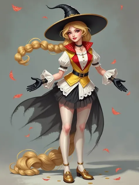 Uma magica with black hat ,  golden vest with red collar ,  long blonde braid on the side , white blouse,  black filó skirt white stockings,  black glove and gold shoe .