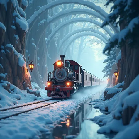 A magical train drives through a tunnel of light, emerging into a whimsical winter wonderland. The train is headed to the North Pole to visit Santa Claus. The image is a double exposure, with the train and the winter landscape blending together in a dreaml...