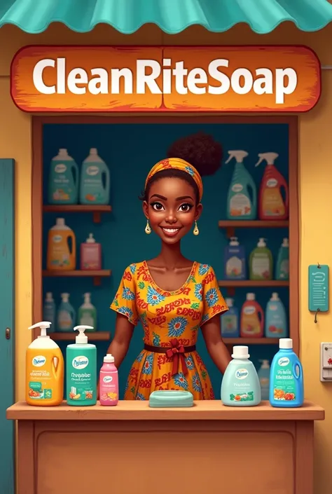 A model african black lady selling household cleaning products in her shop, with the shop name " Nasonie CleanRiteSoap" boldly writing in the front. 