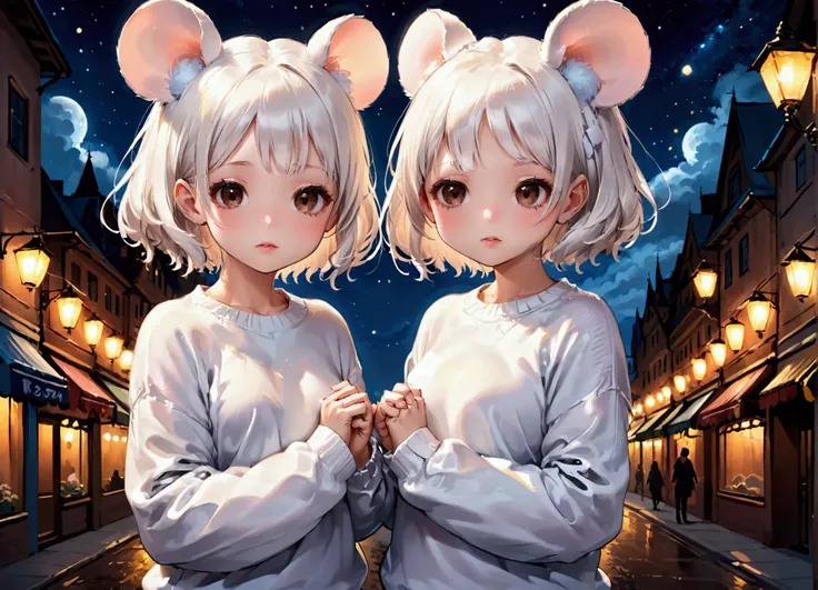 Twins, mouse girls, short fluffy white hair, big round mouse ears, white sweaters, holding hands, ((dark brown eyes)), couple, beautiful, glossy lips, detailed eyes 