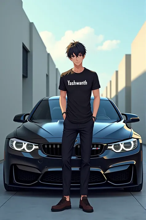 A anime man with Black BMW M4 and on his shirt Yashwanth is written 