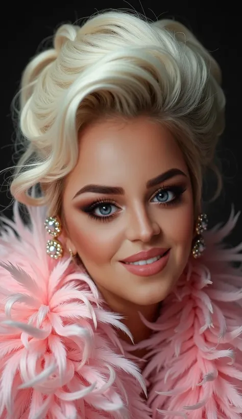 (detailed, cinematographic, elegant:1.4)  Portrait of a stunning woman ,  A classy model with wavy platinum blonde hair that is heavily styled ,  A retro-inspired hairstyle .  Her face is beautifully sculpted ,  with prominent cheekbones ,  full lips ,   a...