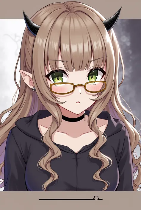 1girl,solo,brown hair,green eyes,glasses,devil horns