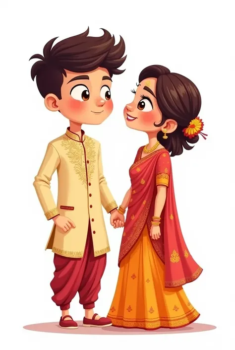 Indian wedding couple girl on right wearing saree and guy on left wearing kurta standing cartoon style high quality illustration with plain white background