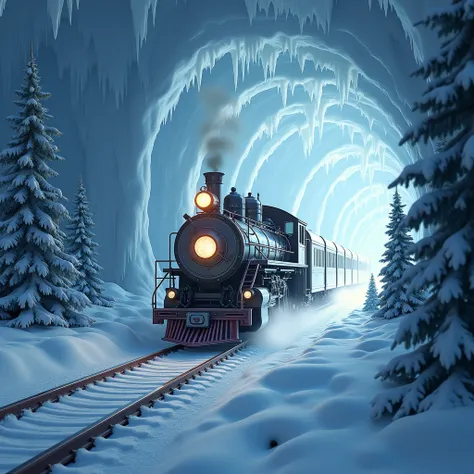 A magical train drives through a tunnel of light, emerging into a whimsical winter wonderland. The train is headed to the North Pole to visit Santa Claus. The image is a double exposure, with the train and the winter landscape blending together in a dreaml...