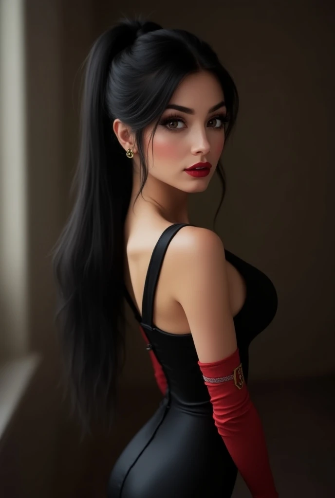 ultra realistic, photography, long black straight hair in a ponytail, elegant hair, (30 years old, hazel eyes, hourglass figure, perfect fit body, natural big breasts), firtatious look, crimson red lipstick, femme fatale, long eyelashes, cat-eye make-up, s...