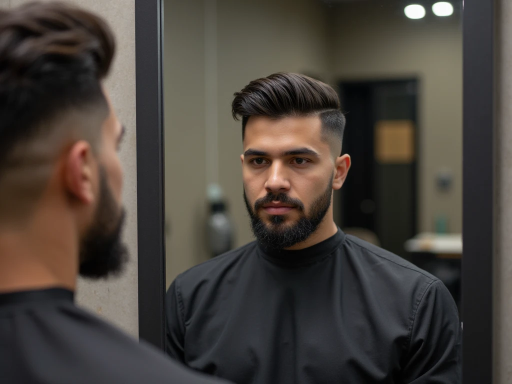 "A young, confident latino man in his mid-20s, with a modern short haircut and a well-groomed beard, looking at his reflection in a sleek mirror at a minimalist, modern barbershop. The barbershop should have an industrial design with clean lines, steel and...