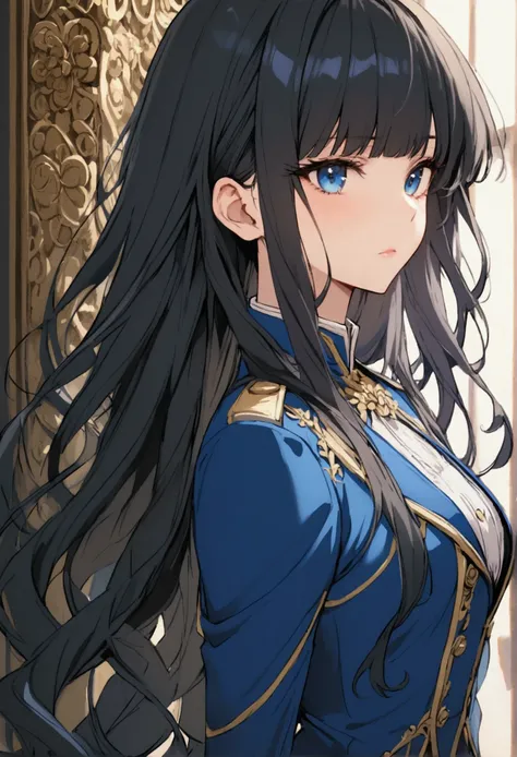 Bangs, long hair, black hair, blue uniform