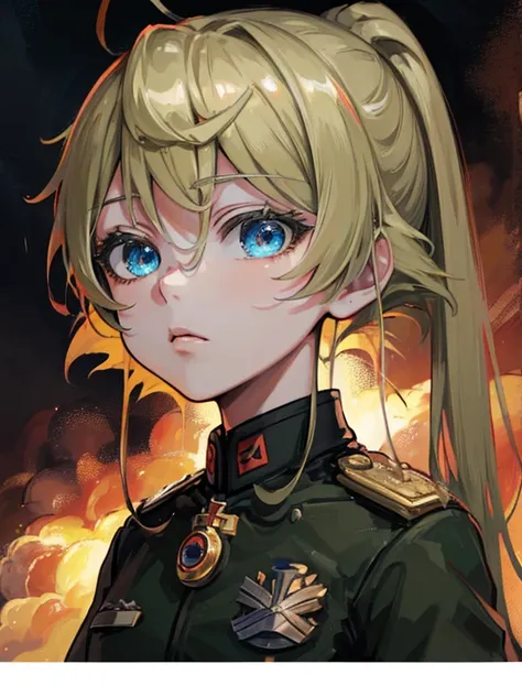 A detailed, photorealistic portrait of Tanya Degurechaff, the main character from the anime series Youjo Senki, with beautiful detailed eyes, sharp facial features, long eyelashes, wearing a military uniform, set in a war-torn environment with explosions a...