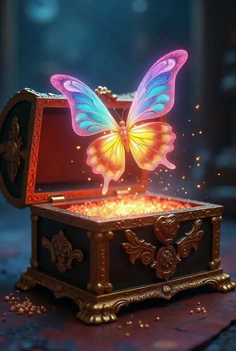 Antique chest with golden decorations open with a bright and magical colorful butterfly coming out from inside