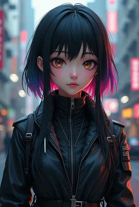 Full body version of a Japanese half android and human female character of 25-year-old woman, short black hair with long locks and rainbow-colored bangs, sly expression, futuristic clothing, hacker character in history, 