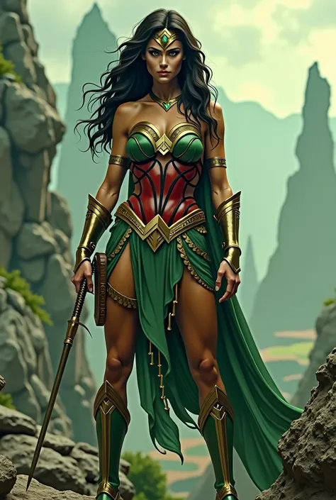 Heroine character Wonder Woman, dressed in green clothes and in gold-colored details. It also has items that resemble the Amazons. 