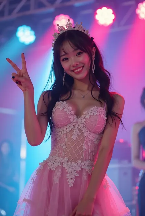 Very high quality photo, very high resolution raw photo, Japanese female idol wearing a lace stage costume and giving a peace sign to the camera. She is 1 and has a cute face and eyes that will captivate your heart. His big smile is impressive. The colorfu...