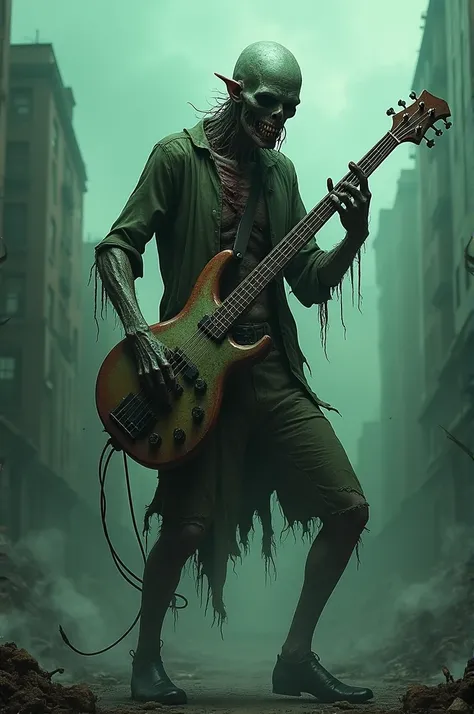 A zombie playing the electric bass 