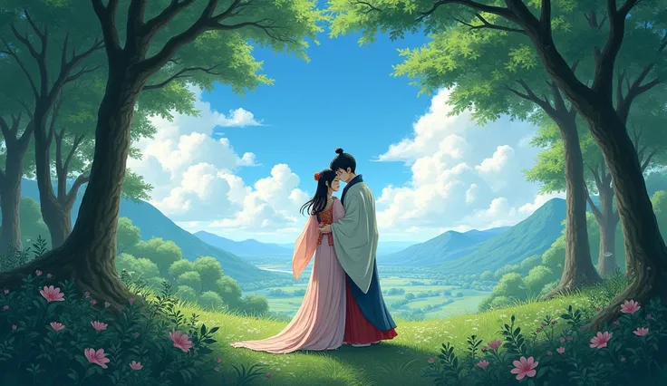 (( best quality))、((masterpiece))、( Details)、  and girl、The two cuddle and hold hands、In the forest、 There is a space that spreads out like a window through the trees、 looking at the expansive scenery 、Beautiful sky、Beautiful Nature、 Clothes are ancient Ja...