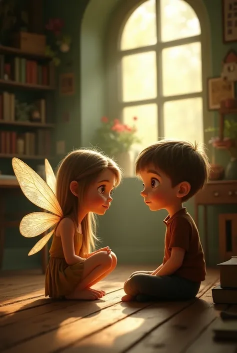 Little fairy talking with boy in the room and the boy without wings