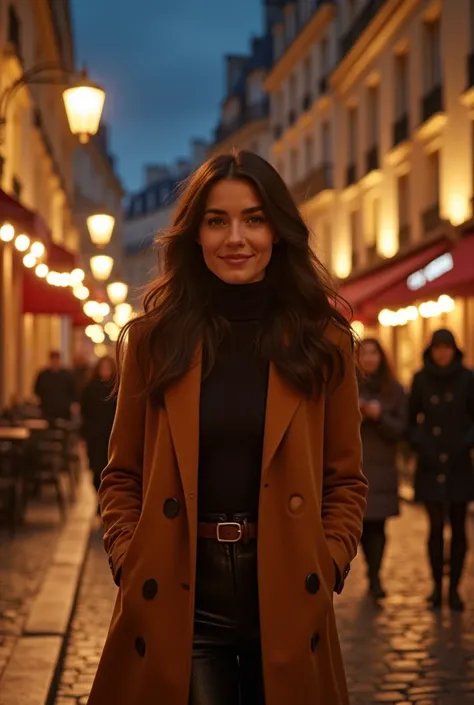 Beautiful elegant brunette woman in Paris street at night. smiling. well dressed. Tenue dautomne. Ultra realistic high quality  