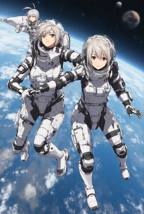 masterpiece:1.4, masterpiece, Highest quality, high resolution, newest, 2girls, friends, (group shot):5, (upper body):5, kyoto animation style, detailed, BREAK space station interior, zero gravity environment, floating, BREAK (white and black mechanical sp...