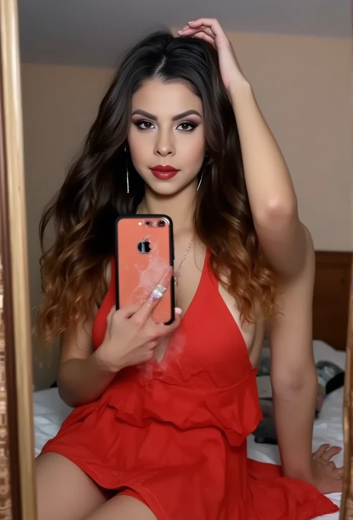 Phone photo: a thin woman wavy black hair ,  with medium breasts she is in front of a mirror ,   Taking a selfie with an iPhone 12 pro max. The image quality is grainy,    with a slight blur that softens the details   .  The lighting is dim ,   casting sha...