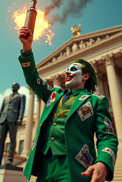  A man throwing a bomb on the statue of the Brazilian Supreme Court ,  dressed in a green suit with playing card details, The makeup of the character Joker ,  and a figure of Bolsonaro next to him .