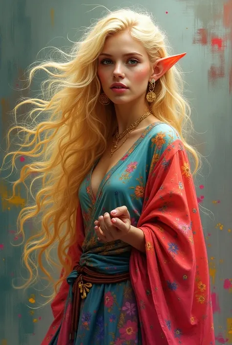 [Beautiful elf princess wearing amazing colorful silk robes:abstract background:0.9], explosive pose, gold blonde hair, expressionism, digital art, colorful background, absurdist, highly detailed, (brush strokes:1.1), (acrylic paint:1.1), pointilism, vibra...