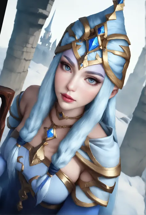 Crystal maiden, dotA2, animation full body ,staff, frozen castle ,8K, Best Quality, Masterpiece, Ultra High Resolution, (Realism: 1.4), Original Photo, (Realistic Skin Texture: 1.3), (Film Grain: 1.3), (Selfie Angle), 1 Girl, Beautiful Eyes and Face Detail...