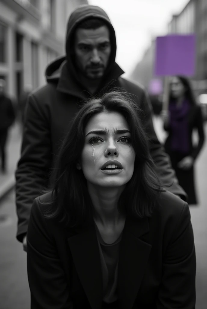 a black and white image of a woman crying,  with a man behind harassing her , and in the background of the image ,  a woman with a purple sign 