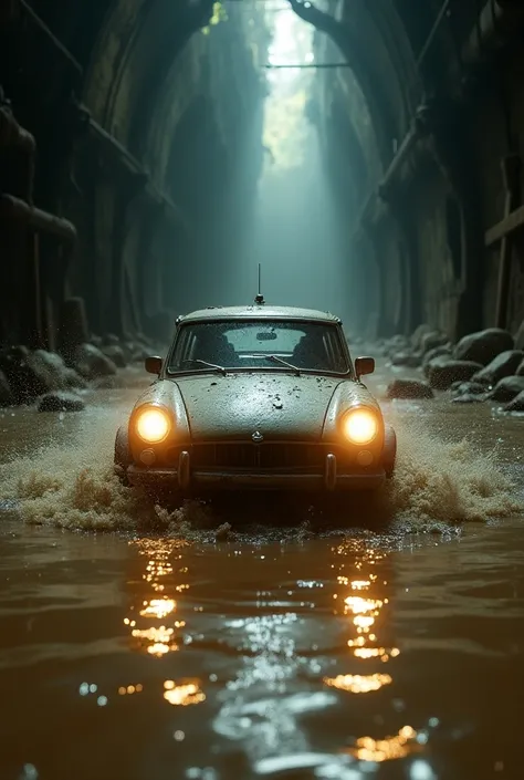 (Photorealism:1.2), Create an image,  on which the DVR inside the car films ,  how the car moves under muddy brown water in a huge sewer ,  that is three times wider than a car .  Car headlights must be on , illuminating the water, full of debris ,  bubble...