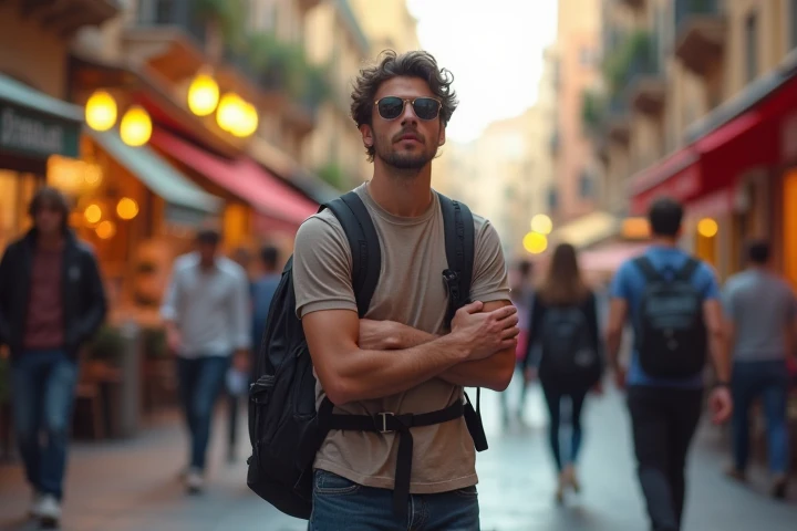  Picture a tourist in a busy Spanish city , For example, in Barcelona ,  against the background of the characteristic architecture ,  discreetly guarding his belongings .  In the foreground is a tourist with a bag ,  tightly pressed to his body or with a b...