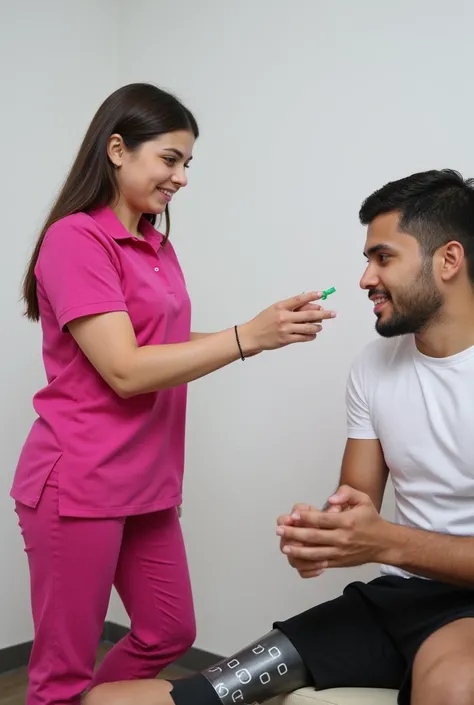 young Hispanic Latino athlete with prosthesis in a white t-shirt receiving a physical therapy exercise from a young Latina physical therapist in fuchsia clothing in a physical rehabilitation medical environment